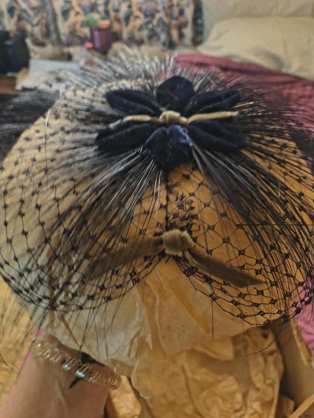 Vintage 1967 Marshall Black Velvet Flower Veiled Fascinator Hat
